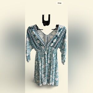 Blue Floral Boho Mini Dress Long Sleeve V-Neck Tie Back Flowy Peasant Dress-NWOT